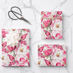 Watercolor Pink Magnolia Flowers Pattern Wrapping Paper Sheet