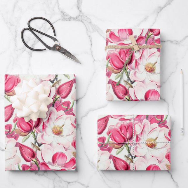 Watercolor Pink Magnolia Flowers Pattern Wrapping Paper Sheet (Front)