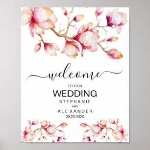 Watercolor Pink Magnolia Flowers Poster