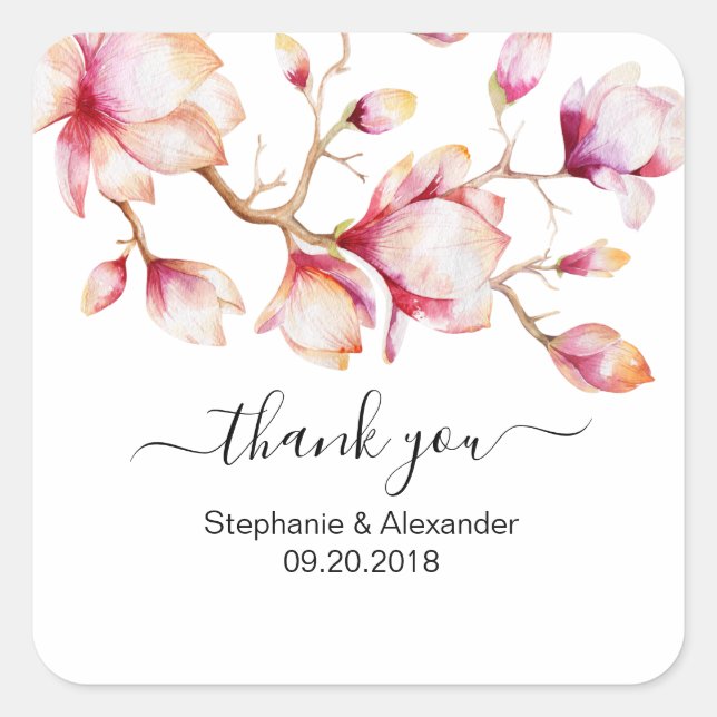 Watercolor Pink Magnolia Flowers Square Sticker (Front)