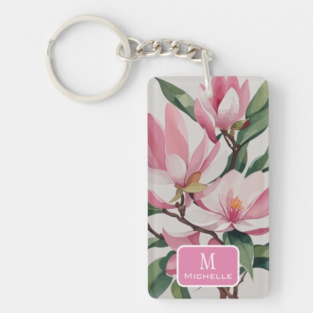 Watercolor Pink Magnolia Modern Art Monogram Key Ring (Front)