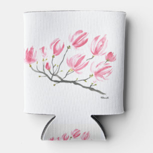Watercolor Pink Magnolia Nature Botanical Floral Can Cooler