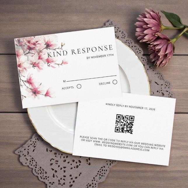 Watercolor Pink Magnolia QR Code Wedding  RSVP Card (Creator Uploaded)