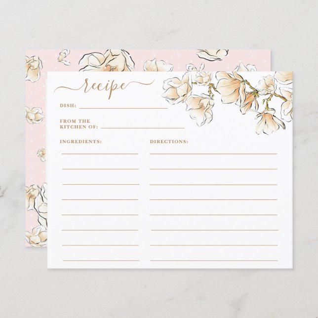 Watercolor Pink Magnolia Recipe Card (Front/Back)