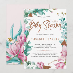 Watercolor pink magnolias copper baby girl shower invitation