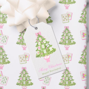 Watercolor Pink Mahjong Christmas Tree Gift Tags
