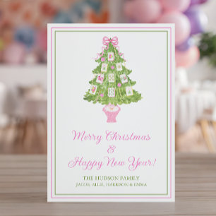 Watercolor Pink Mahjong Christmas Tree Holiday Card
