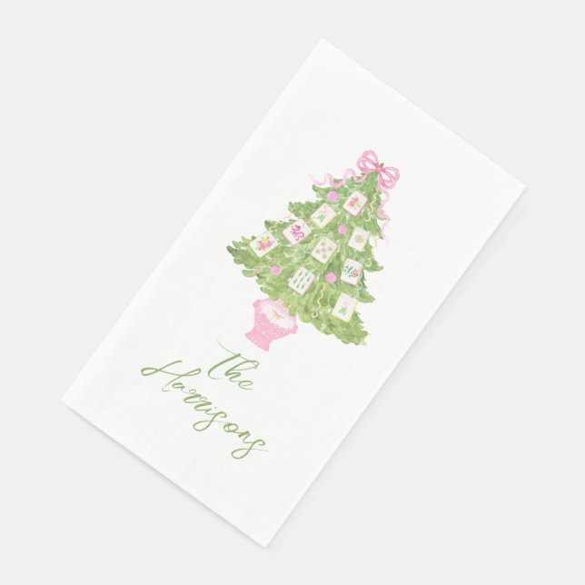 Watercolor Pink Mahjong Christmas Tree Party Napkin (Corner)