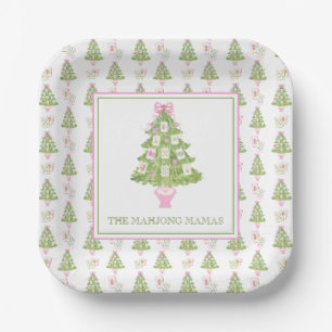Watercolor Pink Mahjong Christmas Tree Party Paper Plate