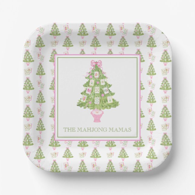 Watercolor Pink Mahjong Christmas Tree Party Paper Plate (Front)