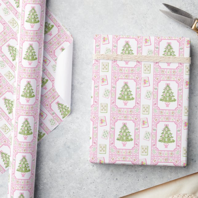 Watercolor Pink Mahjong Christmas Tree Wrapping Paper (Creator Uploaded)