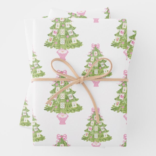 Watercolor Pink Mahjong Christmas Tree Wrapping Paper Sheet (In situ)