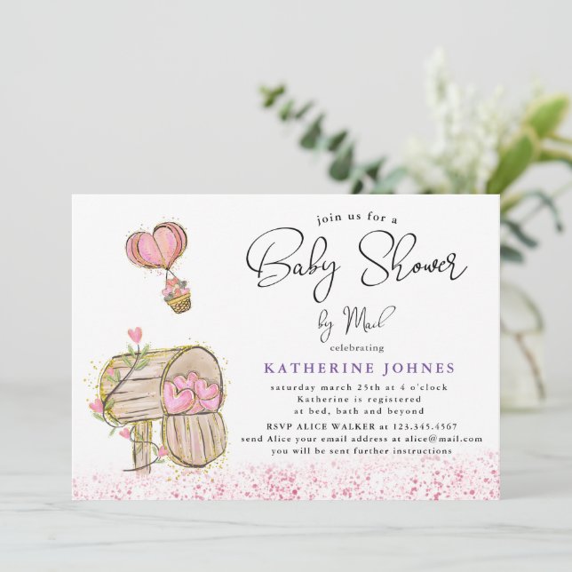 watercolor pink mailbox virtual baby shower invite (Standing Front)
