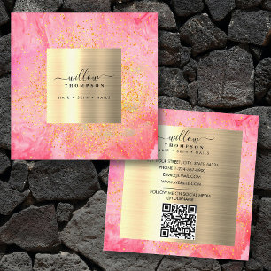 Watercolor Pink Marble Faux Gold Glitter QR Code Square Business Card