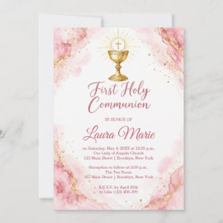 Watercolor Pink Marble First Holy Communion Invitation