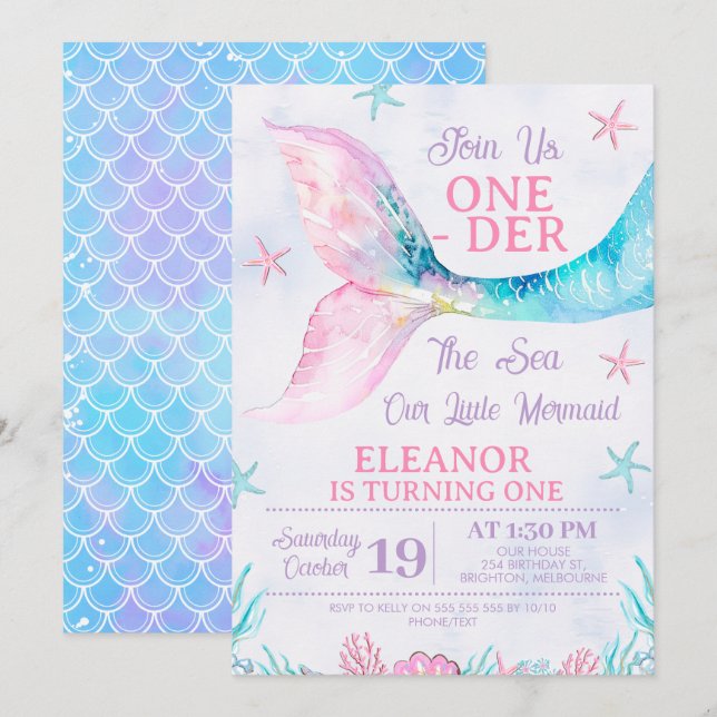 Watercolor Pink Mermaid Oneder the Sea Birthday Invitation (Front/Back)