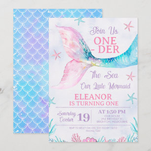 Watercolor Pink Mermaid Oneder the Sea Birthday Invitation
