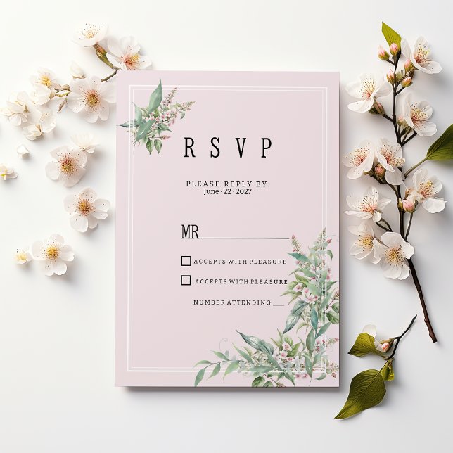 Watercolor pink mint flower bouquet RSVP Invitation (Watercolor pink mint flower bouquet RSVP )