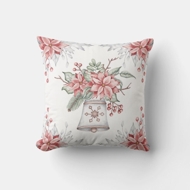 Watercolor Pink Mistletoe Christmas Bell  Cushion (Front)