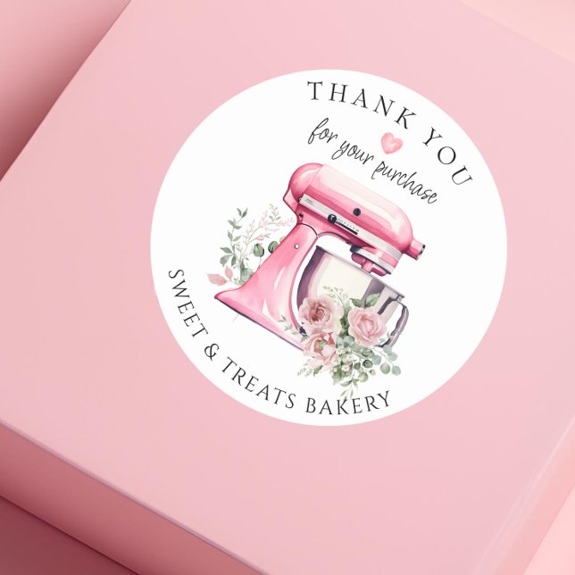 Watercolor Pink Mixer Bakery Thank You  Classic Round Sticker (Creator Uploaded)