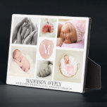 Watercolor Pink Monogram Photo Collage Girl Birth  Plaque<br><div class="desc">Remember the arrival of your newborn baby girl with a stylish 6 photos collage, decorated with a monogram on pink watercolor background in the middle and customisable baby name and birth stats at the bottom. If you need help personalising this birth announcement drop us a line here at the messenger....</div>