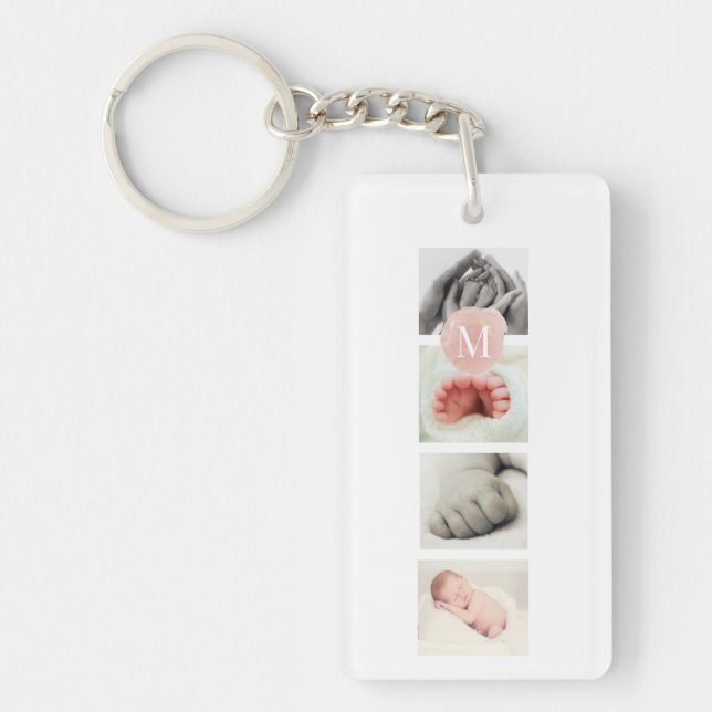 Watercolor Pink Monogram Photo Collage Girl Key Ring (Front)