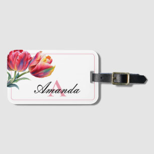 Watercolor Pink Monogramed Name Tulip Luggage Tag