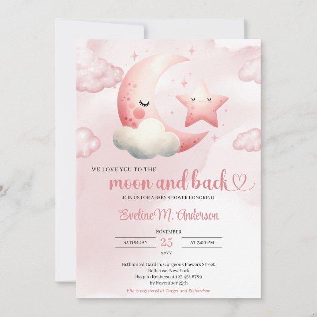 Watercolor pink moon and back girl baby shower invitation (Front)