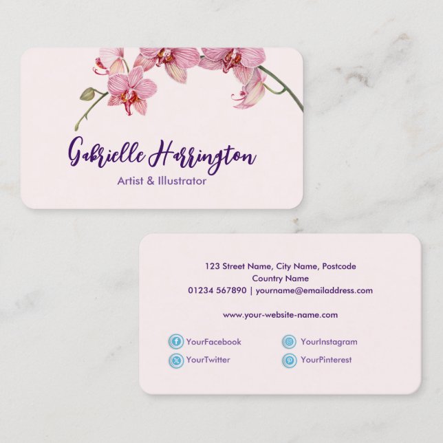 Watercolor Pink Moth Orchids Social Media Business Card (Front/Back)