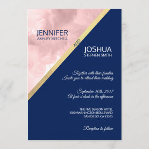 Watercolor Pink Navy Blue & Gold Foil Wedding Invitation