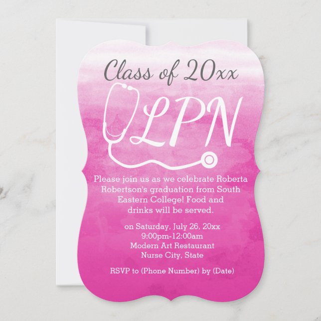 Watercolor Pink Nursing LPN Nurse Graduation Party Invitation (Front)