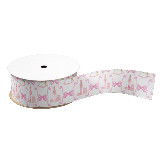 Watercolor Pink Nutcracker and Bows Grosgrain Ribbon (Spool)
