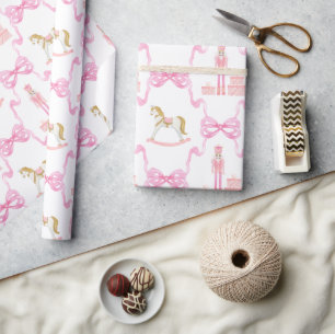 Watercolor Pink Nutcracker and Bows Wrapping Paper