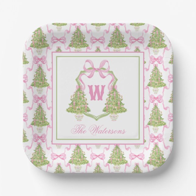 Watercolor Pink Nutcracker Monogram Crest Paper Plate (Front)