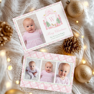 Watercolor Pink Nutcracker Monogram Crest Photo Holiday Card
