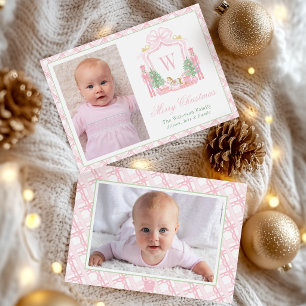 Watercolor Pink Nutcracker Monogram Crest Photo Holiday Card