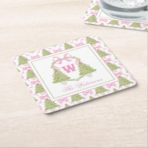 Watercolor Pink Nutcracker Monogram Crest Square Paper Coaster