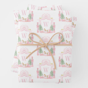 Watercolor Pink Nutcracker Monogram Crest Wrapping Paper Sheet