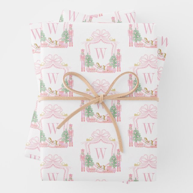Watercolor Pink Nutcracker Monogram Crest Wrapping Paper Sheet (In situ)