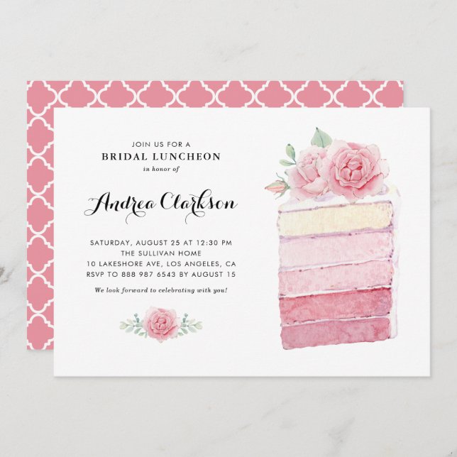 Watercolor Pink Ombre Cake Slice Bridal Luncheon Invitation (Front/Back)