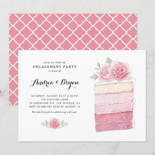 Watercolor Pink Ombre Cake Slice Engagement Party Invitation