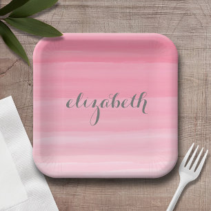 Watercolor Pink Ombre Feminine Monogram Name Paper Plate