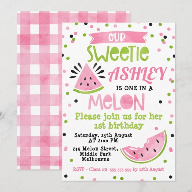 Watercolor Pink One In A Melon Birthday Invitation (Front/Back)