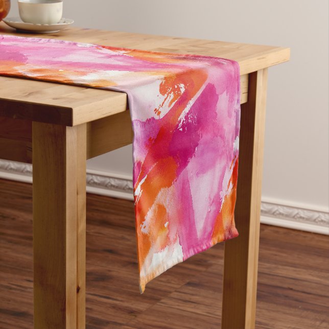 Watercolor Pink Orange Abstract Short Table Runner (In Situ)