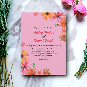 Watercolor Pink Orange Roses Fall Floral Wedding Invitation