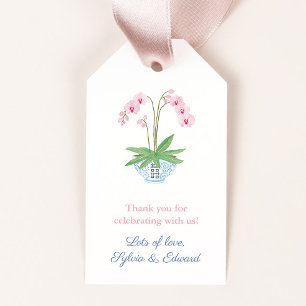 Watercolor Pink Orchid Blue White Bowl Baby Shower Gift Tags
