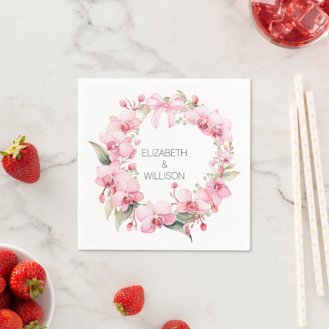 Watercolor Pink Orchid Wreath Napkin (Insitu)