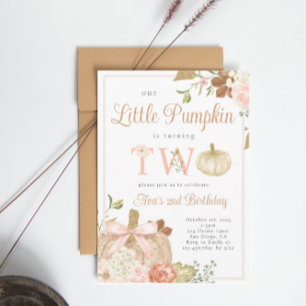 Watercolor Pink Our Little Pumpkin 2nd Birthday Invitation