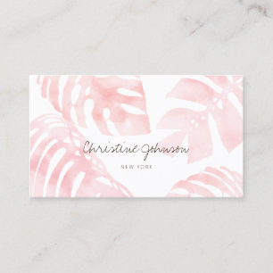 watercolor pink palm leaves business card