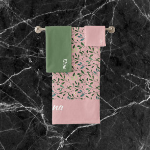 Watercolor pink pattern green leaf name bath towel set
